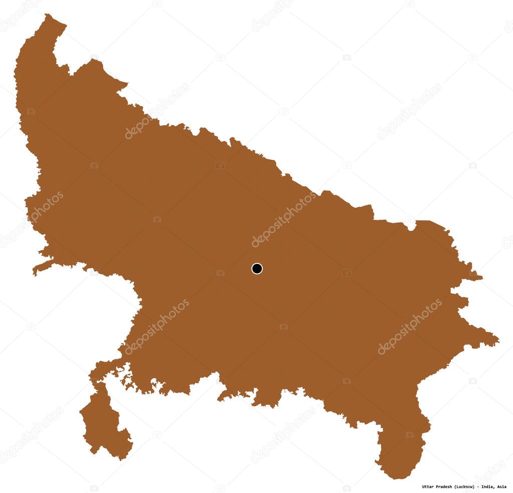 Shape of Uttar Pradesh, state of India, with its capital isolated on white background. Composition of patterned textures. 3D rendering