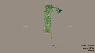 Sulawesi Selatan bölgesi, Endonezya vilayeti, jeoreferatlı bir sınır kutusunda sağlam bir arka planda izole edilmiş. Etiketler. Uydu görüntüleri. 3B görüntüleme