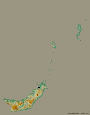Endonezya 'nın Sulawesi Utara eyaleti, başkenti katı renk arkaplanı ile izole edilmiştir. Topografik yardım haritası. 3B görüntüleme