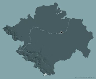 Endonezya 'nın Sumatera Selatan eyaleti, başkenti katı renk arkaplanı ile izole edilmiştir. Renkli yükseklik haritası. 3B görüntüleme
