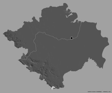 Endonezya 'nın Sumatera Selatan eyaleti, başkenti katı renk arkaplanı ile izole edilmiştir. Çift seviyeli yükseklik haritası. 3B görüntüleme