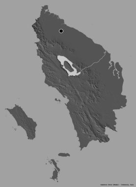 Endonezya 'nın Sumatera Utara eyaleti, başkenti katı renk arkaplanı ile izole edilmiştir. Çift seviyeli yükseklik haritası. 3B görüntüleme