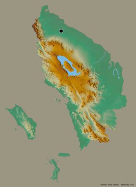 Endonezya 'nın Sumatera Utara eyaleti, başkenti katı renk arkaplanı ile izole edilmiştir. Topografik yardım haritası. 3B görüntüleme