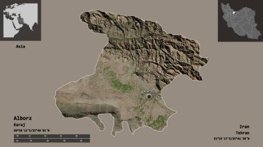 Alborz 'un şekli, İran eyaleti ve başkenti. Uzaklık ölçeği, ön gösterimler ve etiketler. Uydu görüntüleri. 3B görüntüleme