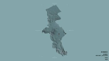 Ardebil bölgesi, İran eyaleti, jeoreferatlı bir sınır kutusunda sağlam bir arka planda izole edilmiş. Etiketler. Renkli yükseklik haritası. 3B görüntüleme