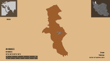 Ardebil 'in şekli, İran eyaleti ve başkenti. Uzaklık ölçeği, ön gösterimler ve etiketler. Desenli dokuların bileşimi. 3B görüntüleme
