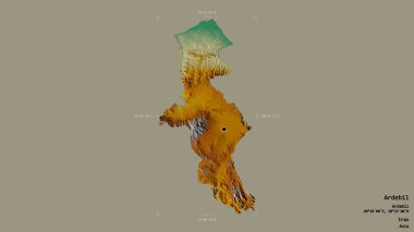 Ardebil bölgesi, İran eyaleti, jeoreferatlı bir sınır kutusunda sağlam bir arka planda izole edilmiş. Etiketler. Topografik yardım haritası. 3B görüntüleme