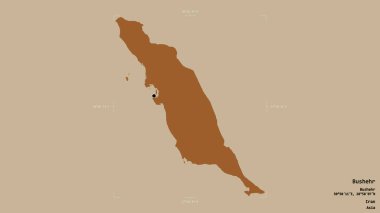 Bushehr bölgesi, İran eyaleti, katı bir arka planda izole edilmiş bir sınır kutusunda. Etiketler. Desenli dokuların bileşimi. 3B görüntüleme