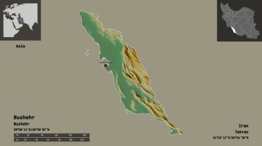 Bushehr 'in şekli, İran eyaleti ve başkenti. Uzaklık ölçeği, ön gösterimler ve etiketler. Topografik yardım haritası. 3B görüntüleme