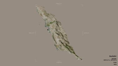 Bushehr bölgesi, İran eyaleti, katı bir arka planda izole edilmiş bir sınır kutusunda. Etiketler. Uydu görüntüleri. 3B görüntüleme