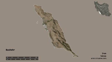 Başkenti sağlam bir zemine sahip olan Bushehr, İran eyaleti. Uzaklık ölçeği, bölge önizlemesi ve etiketleri. Uydu görüntüleri. 3B görüntüleme