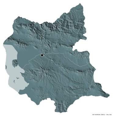 Beyaz arka planda başkenti izole edilmiş Doğu Azarbaycan, İran eyaleti. Renkli yükseklik haritası. 3B görüntüleme