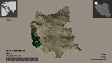 Doğu Azarbaycan 'ın şekli, İran eyaleti ve başkenti. Uzaklık ölçeği, ön gösterimler ve etiketler. Uydu görüntüleri. 3B görüntüleme
