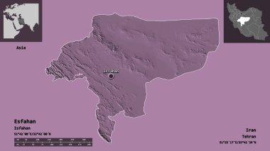İsfahan 'ın şekli, İran eyaleti ve başkenti. Uzaklık ölçeği, ön gösterimler ve etiketler. Renkli yükseklik haritası. 3B görüntüleme