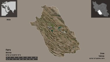 Fars 'ın şekli, İran eyaleti ve başkenti. Uzaklık ölçeği, ön gösterimler ve etiketler. Uydu görüntüleri. 3B görüntüleme