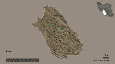 İran 'ın Fars eyaleti, başkenti sağlam bir zemin üzerinde izole edilmiştir. Uzaklık ölçeği, bölge önizlemesi ve etiketleri. Uydu görüntüleri. 3B görüntüleme