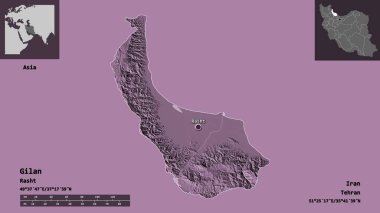 Gilan 'ın şekli, İran eyaleti ve başkenti. Uzaklık ölçeği, ön gösterimler ve etiketler. Renkli yükseklik haritası. 3B görüntüleme