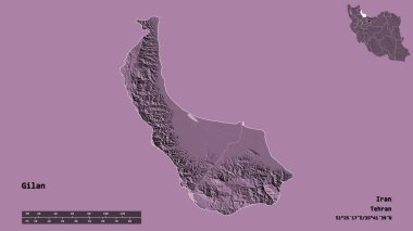 Gilan 'ın şekli, İran eyaleti, sermayesi sağlam arka planda izole edilmiş. Uzaklık ölçeği, bölge önizlemesi ve etiketleri. Renkli yükseklik haritası. 3B görüntüleme