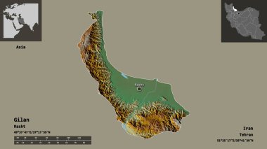 Gilan 'ın şekli, İran eyaleti ve başkenti. Uzaklık ölçeği, ön gösterimler ve etiketler. Topografik yardım haritası. 3B görüntüleme
