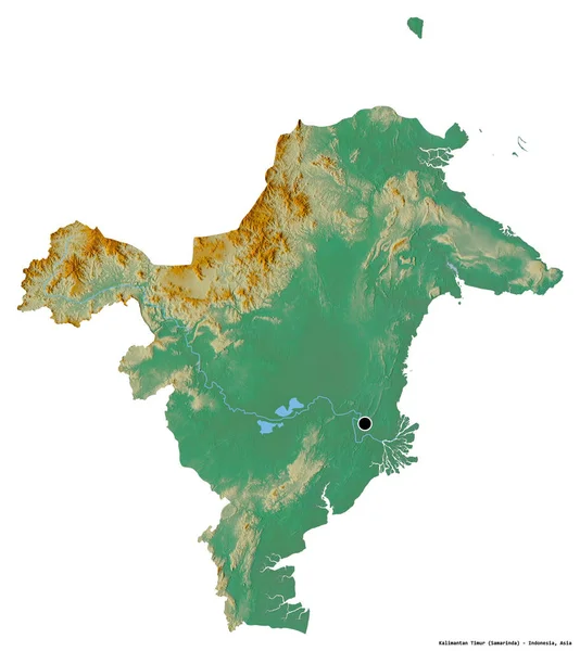 インドネシアの州カリマンタン ティムールの形で その首都は白い背景に孤立しています 地形図 3Dレンダリング — ストック写真