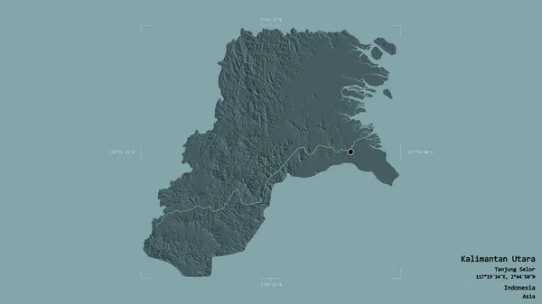 Area of Kalimantan Utara, province of Indonesia, isolated on a solid background in a georeferenced bounding box. Labels. Colored elevation map. 3D rendering