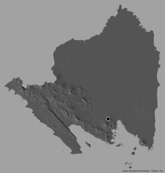 インドネシアの省であるランプン県の形で その首都はしっかりとした色の背景に隔離されています 標高マップ 3Dレンダリング — ストック写真