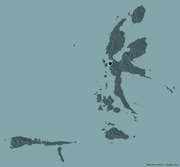 印度尼西亚Maluku Utara的形状 其首都以纯色背景隔离 彩色高程图 3D渲染 — 图库照片