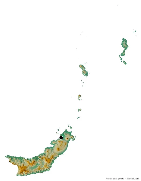 インドネシアの州 スラウェシ ウタラの形で その首都は白い背景に孤立しています 地形図 3Dレンダリング — ストック写真