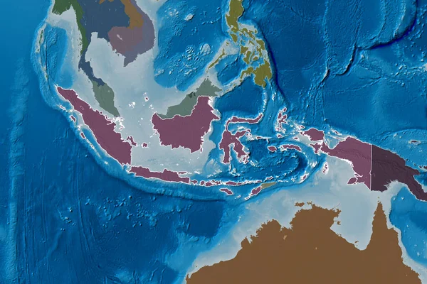 Área Extendida Indonesia Delineada Mapa Elevación Color Renderizado — Foto de Stock