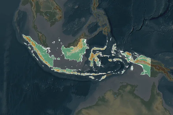 Kształt Indonezji Oddzielony Desaturacją Sąsiednich Obszarów Granice Mapa Pomocy Topograficznej — Zdjęcie stockowe