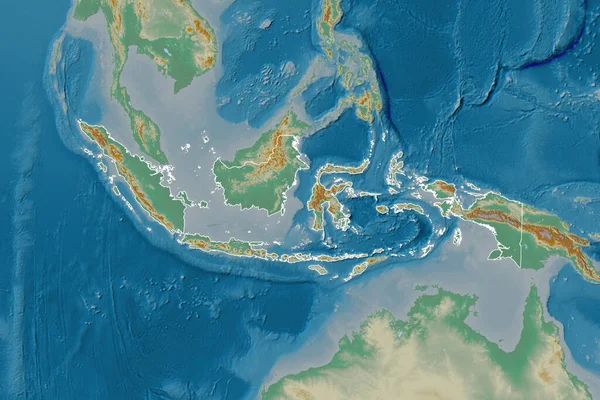 Área Extendida Indonesia Delineada Mapa Topográfico Relieve Renderizado — Foto de Stock