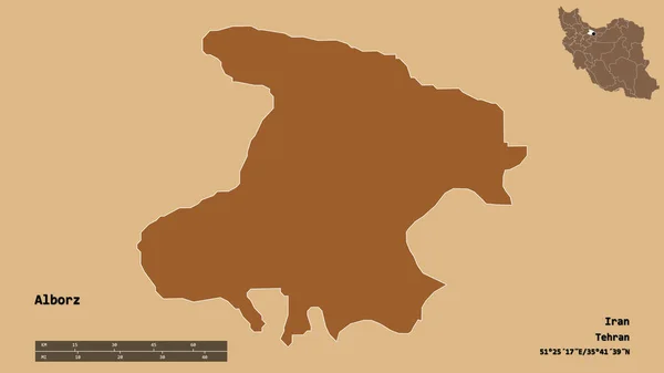 Form Alborz Provinsen Iran Med Huvudstaden Isolerad Solid Bakgrund Avståndsskala — Stockfoto