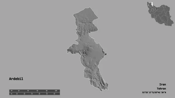 イランの州であるArdebilの形は その資本がしっかりとした背景に隔離されています 距離スケール リージョンプレビュー およびラベル 標高マップ 3Dレンダリング — ストック写真