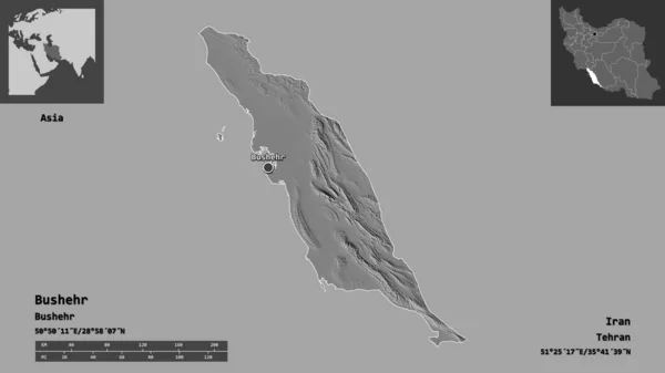 ブシュールの形 イランの州 およびその首都 距離スケール プレビューおよびラベル 標高マップ 3Dレンダリング — ストック写真