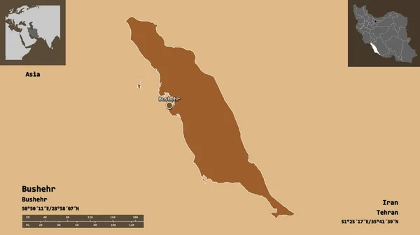 Forma Bushehr Provincia Irán Capital Escala Distancia Vistas Previas Etiquetas — Foto de Stock