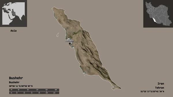 ブシュールの形 イランの州 およびその首都 距離スケール プレビューおよびラベル 衛星画像 3Dレンダリング — ストック写真