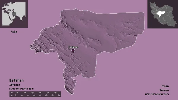 Form Esfahan Provinsen Iran Och Dess Huvudstad Avståndsskala Förhandsvisningar Och — Stockfoto