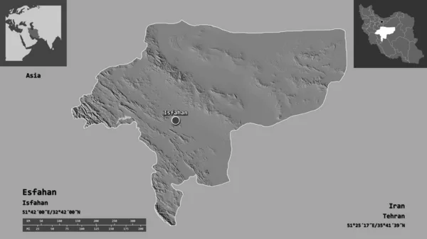 伊朗伊斯法罕的形状及其首都 距离刻度 预览和标签 Bilevel高程图 3D渲染 — 图库照片