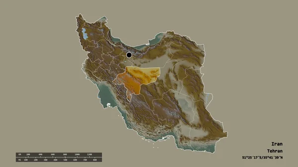 主要な地域部門と分離されたエスファハン地域とイランの荒廃した形 ラベル 地形図 3Dレンダリング — ストック写真