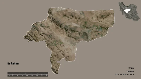 伊朗伊斯法罕的形状 其首都在坚实的背景下与世隔绝 距离尺度 区域预览和标签 卫星图像 3D渲染 — 图库照片