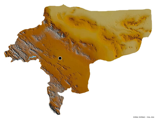 Shape of Esfahan, province of Iran, with its capital isolated on white background. Topographic relief map. 3D rendering