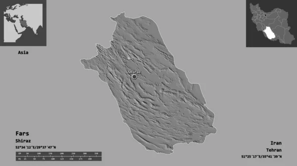 Forme Fars Province Iran Capitale Échelle Distance Aperçus Étiquettes Carte — Photo