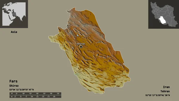 イランの州とその首都の形 距離スケール プレビューおよびラベル 地形図 3Dレンダリング — ストック写真