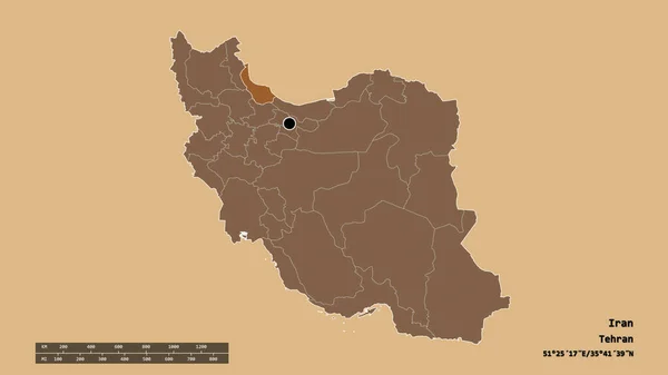 主要な地域部門と分離されたギラン地域とイランの荒廃した形 ラベル パターン化されたテクスチャの構成 3Dレンダリング — ストック写真