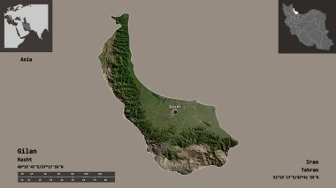 Gilan 'ın şekli, İran eyaleti ve başkenti. Uzaklık ölçeği, ön gösterimler ve etiketler. Uydu görüntüleri. 3B görüntüleme