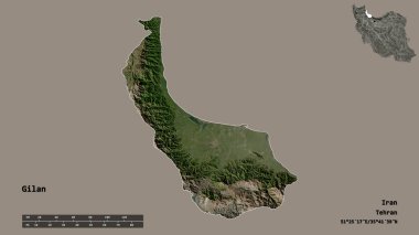Gilan 'ın şekli, İran eyaleti, sermayesi sağlam arka planda izole edilmiş. Uzaklık ölçeği, bölge önizlemesi ve etiketleri. Uydu görüntüleri. 3B görüntüleme