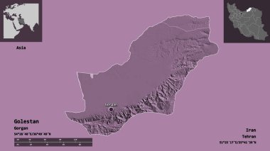 Golestan 'ın şekli, İran eyaleti ve başkenti. Uzaklık ölçeği, ön gösterimler ve etiketler. Renkli yükseklik haritası. 3B görüntüleme