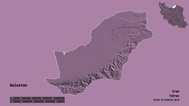 İran 'ın Golestan eyaleti, başkenti sağlam bir zemin üzerinde izole edilmiştir. Uzaklık ölçeği, bölge önizlemesi ve etiketleri. Renkli yükseklik haritası. 3B görüntüleme