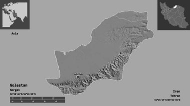 Golestan 'ın şekli, İran eyaleti ve başkenti. Uzaklık ölçeği, ön gösterimler ve etiketler. Çift seviyeli yükseklik haritası. 3B görüntüleme