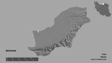 İran 'ın Golestan eyaleti, başkenti sağlam bir zemin üzerinde izole edilmiştir. Uzaklık ölçeği, bölge önizlemesi ve etiketleri. Çift seviyeli yükseklik haritası. 3B görüntüleme